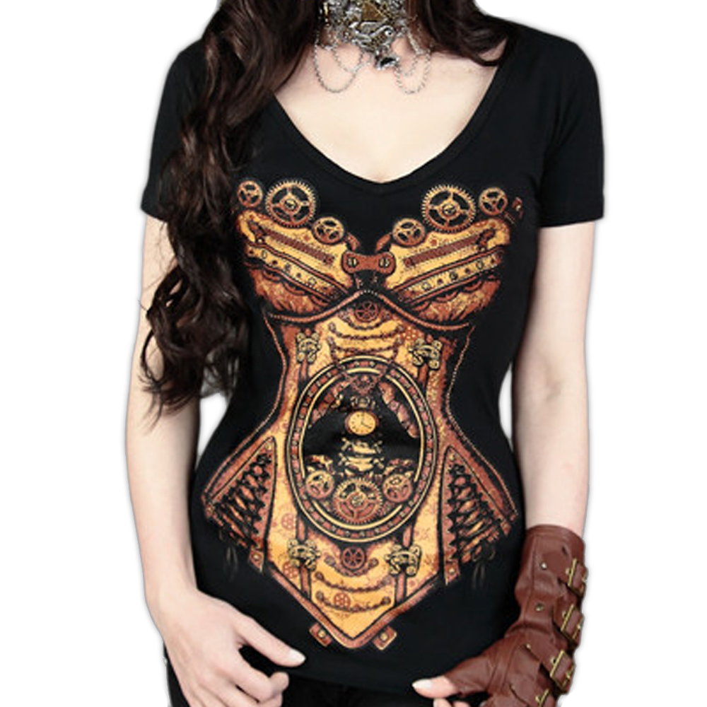 Steampunk Corset Skelet print T-shirt zw Steampunk Corset Skelet print T-shirt zw